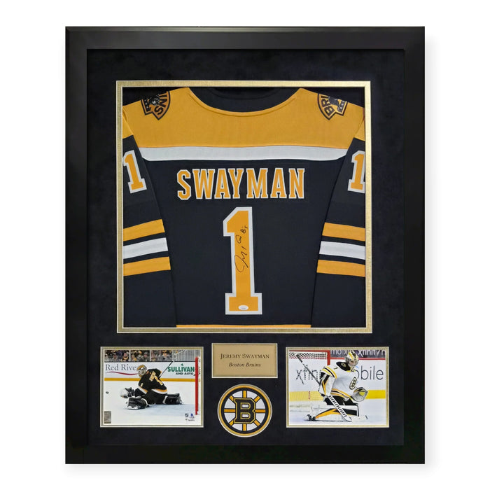 Jeremy Swayman Boston Bruins Autographed Jersey w/ "Go B's" Inscription Framed to 32x40 JSA
