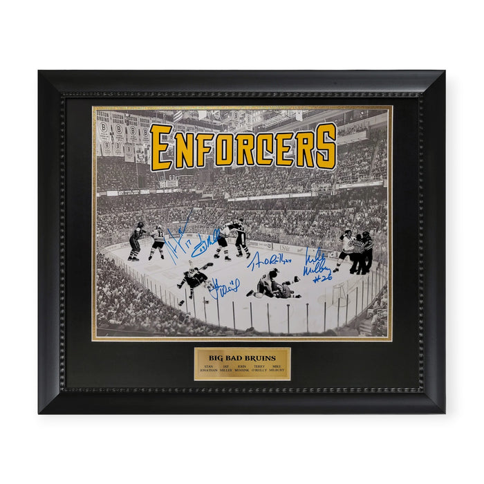 Stan Jonathan, Jay Miller, John Wensink, Terry O'Reilly, and Mike Milbury Boston Bruins Autographed 16x20 Photo Framed to 23x27 NEP