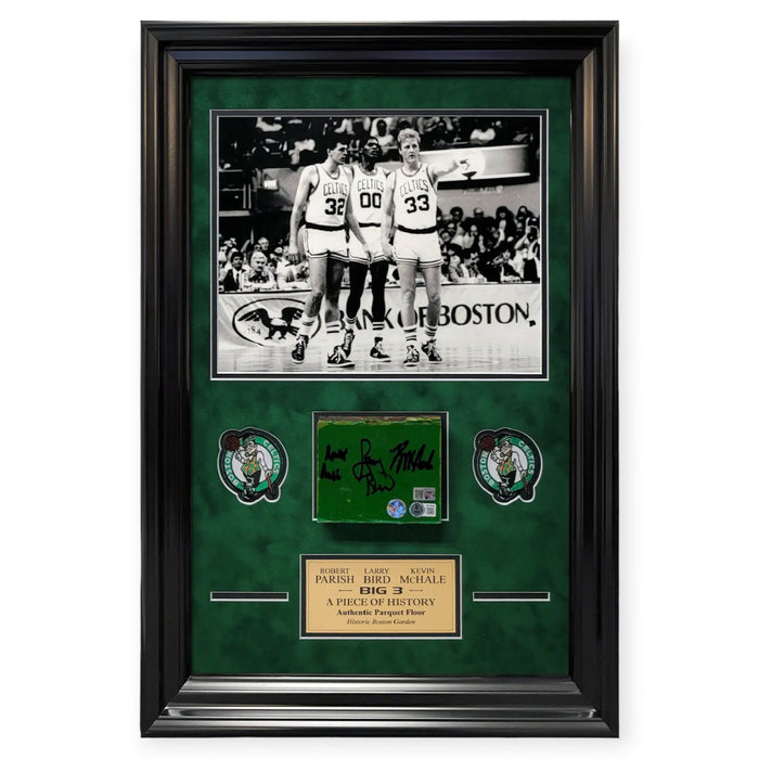 Larry Bird, Robert Parish & Kevin Mchale Autographed Parquet Collage Framed to 23x27 Beckett