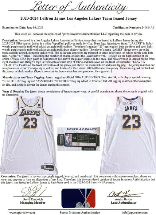 LeBron James Los Angeles Lakers Autographed 2023-24 Team Issued Jersey w/ "Crown" Inscription JSA/Sports Investors