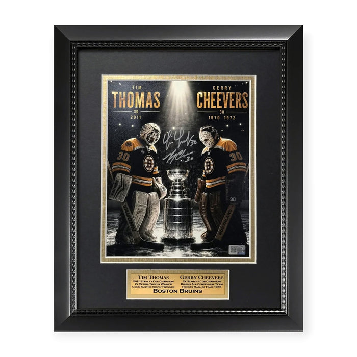 Tim Thomas & Gerry Cheevers Boston Bruins Autographed 8x10 Photo Framed to 11x14 NEP