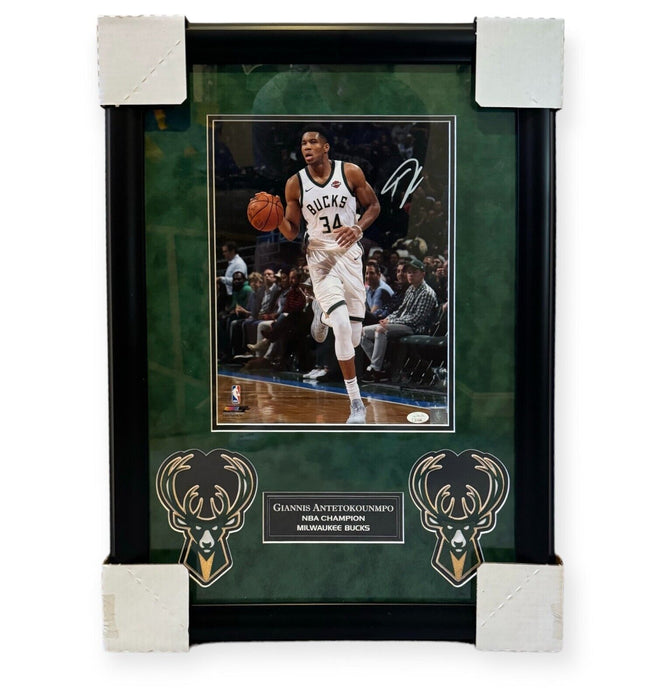 Giannis Antetokounmpo Milwaukee Bucks Autographed 11x14 Photo Framed to 14x21 JSA