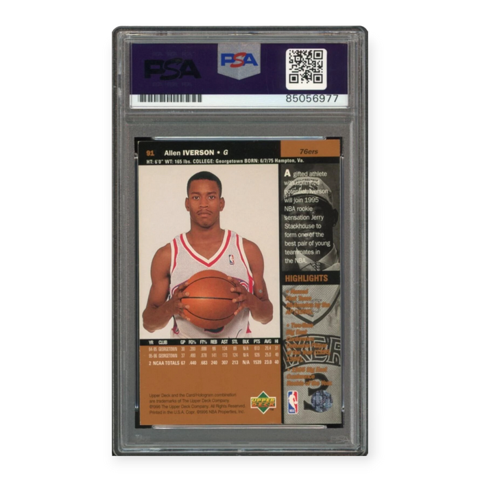 Allen Iverson On Card Autographed 1996 Upper Deck Rookie Card RC On Card Auto #91 PSA 10 Auto Grade