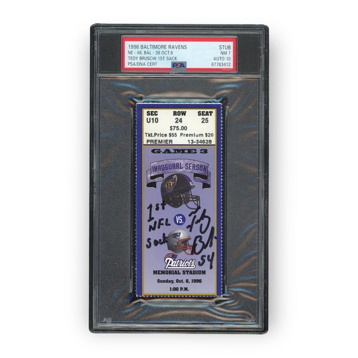 Tedy Bruschi Autographed "1st NFL Sack" Inscribed Ticket PSA 7 w/ 10 Auto