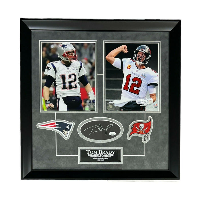 Tom Brady Patriots Buccaneers Autographed Cut Collage Framed to 22.5x22.5 JSA