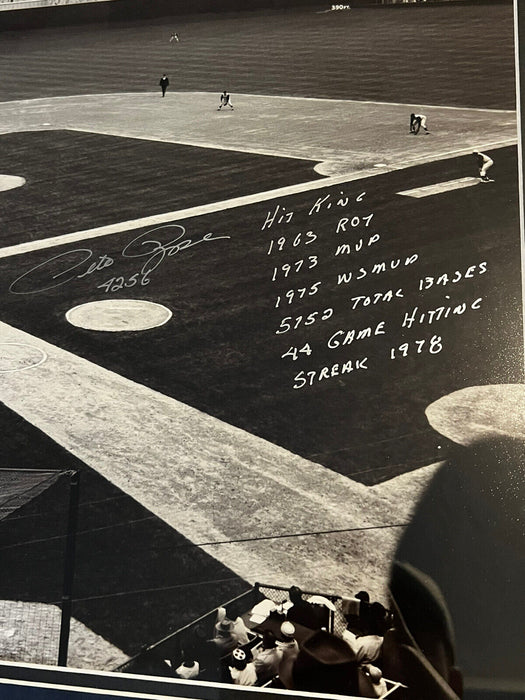 Pete Rose Cincinnati Reds Autographed 16x20 Photo Framed to 23x27 w/ 8 Inscriptions Fanatics