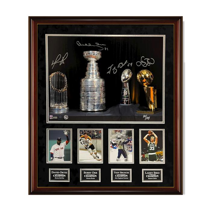 David Ortiz, Bobby Orr, Tedy Bruschi & Larry Bird Autographed Photo Framed to 24×28 NEP