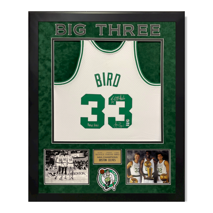 Larry Bird, Kevin Mchale & Robert Parish Celtics Autographed Jersey Framed to 32x40