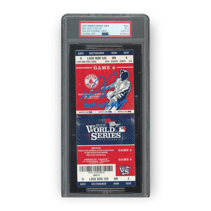 David Ortiz Autographed 2013 World Series Game 6 Ticket Inscribed PSA 5 w/ 10 Auto