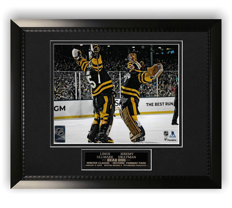 Jeremy Swayman & Linus Ullmark "Bear Hug" Unsigned Photograph Framed to 11x14