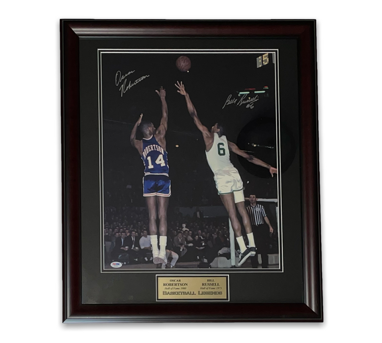 Oscar Robertson & Bill Russell Autographed 16x20 Photo Framed to 23x27 PSA