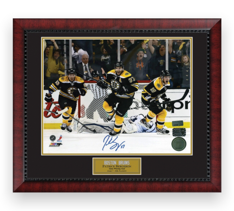 Patrice Bergeron Boston Bruins Autographed 16x20 Photo Framed to 23x27 NEP