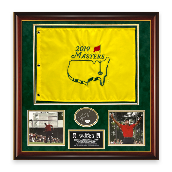 Tiger Woods Autographed Cut w/ 2019 Masters Flag Framed to 24x24 JSA