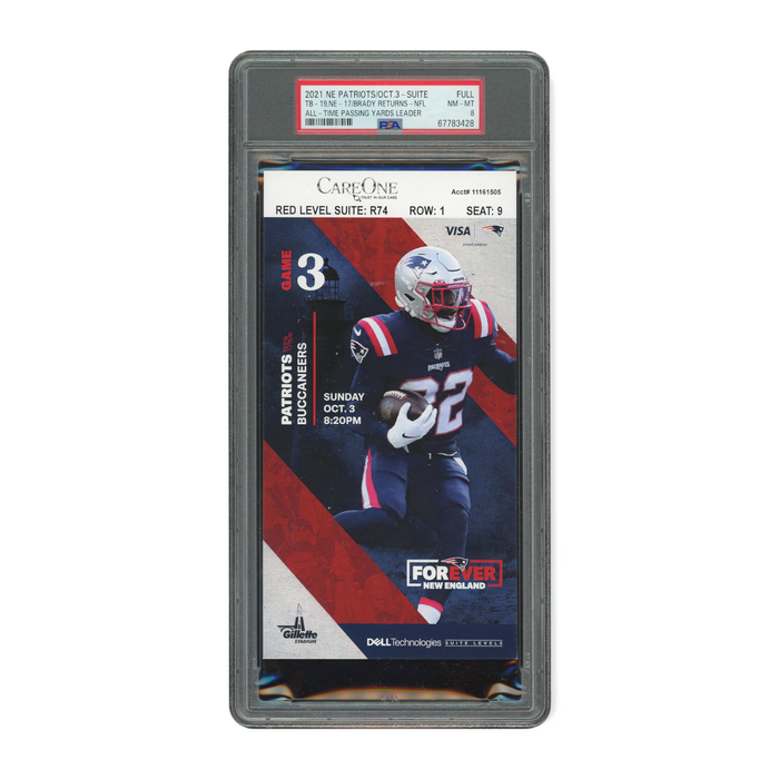 Tom Brady "Return To New England & Breaking All-Time Passing Yards Record" Ticket PSA 8